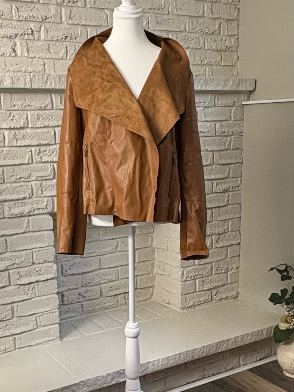Bagatelle Collection Tan Brown Draped Faux Leather Jacket 1X Plus Size